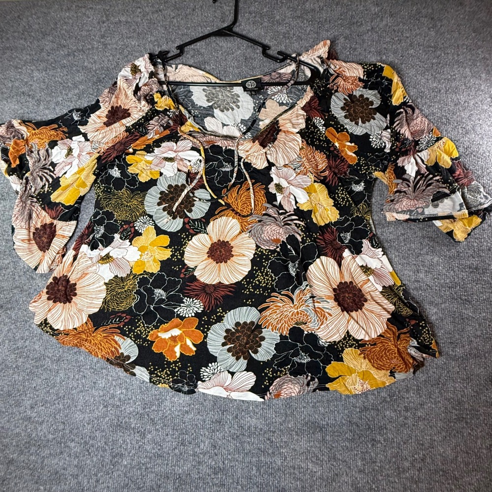 Bobeau Womens 2X Floral Bell Sleeve V-Neck Tie Front High-Low Blouse Black Multi